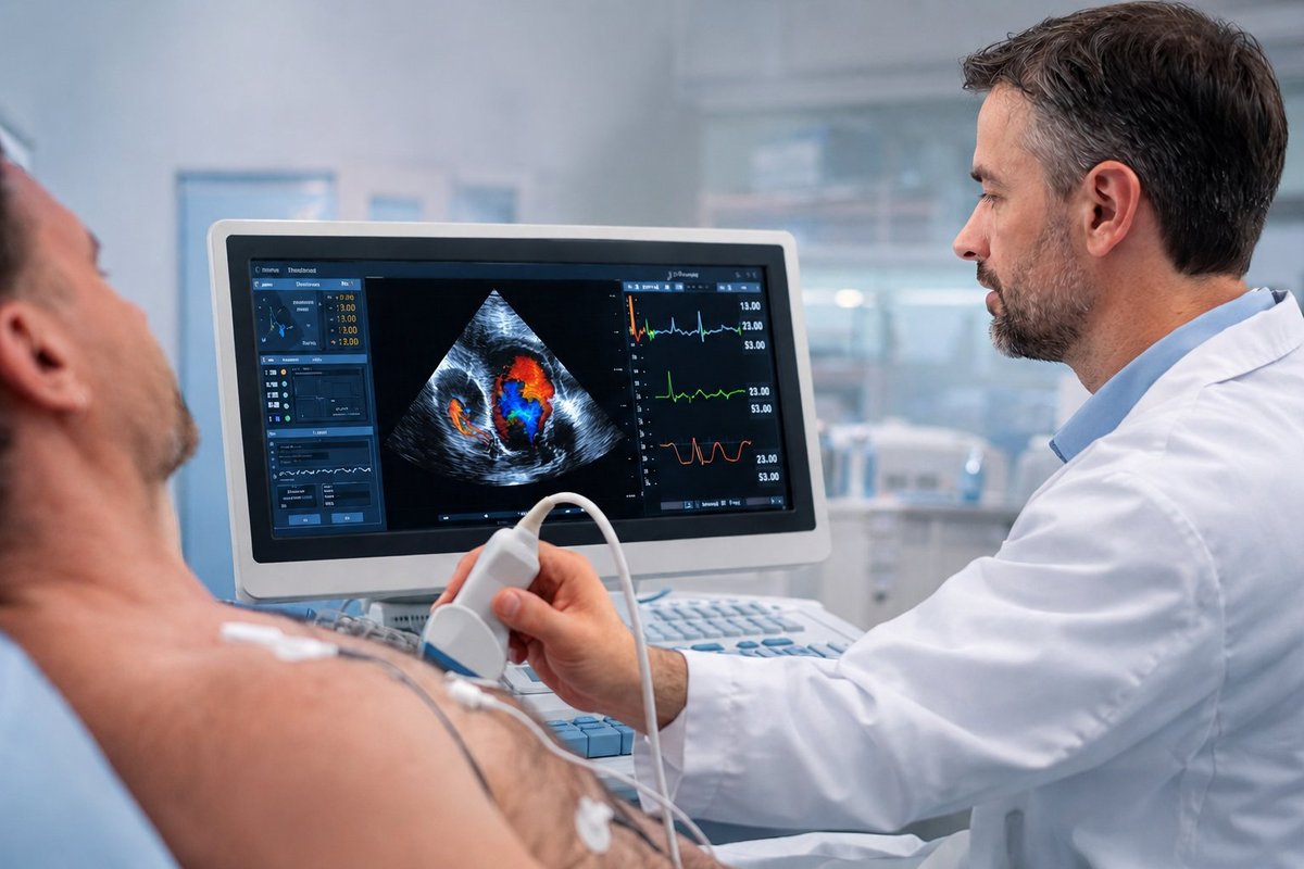 Cardiologue réalisant une échographie cardiaque sur un patient à Paris 11