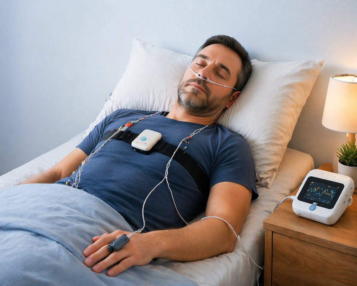 Patient équipé d'un appareil de polygraphie ventilatoire pour surveillance nocturne à domicile